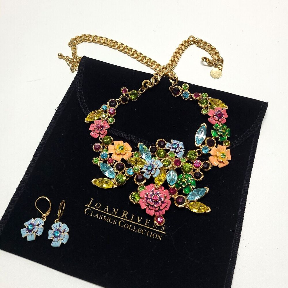 Joan Rivers Enamel Crystal 21" Necklace Earrings Statement Flowers cluster Fairy